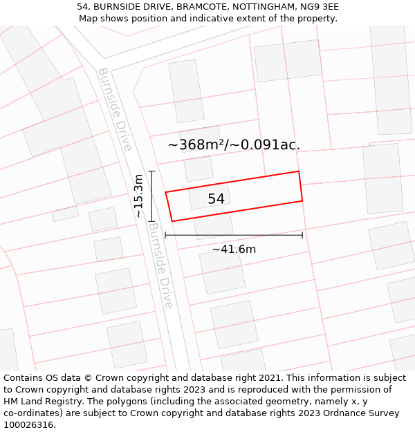 54, BURNSIDE DRIVE, BRAMCOTE, NOTTINGHAM, NG9 3EE: Plot and title map