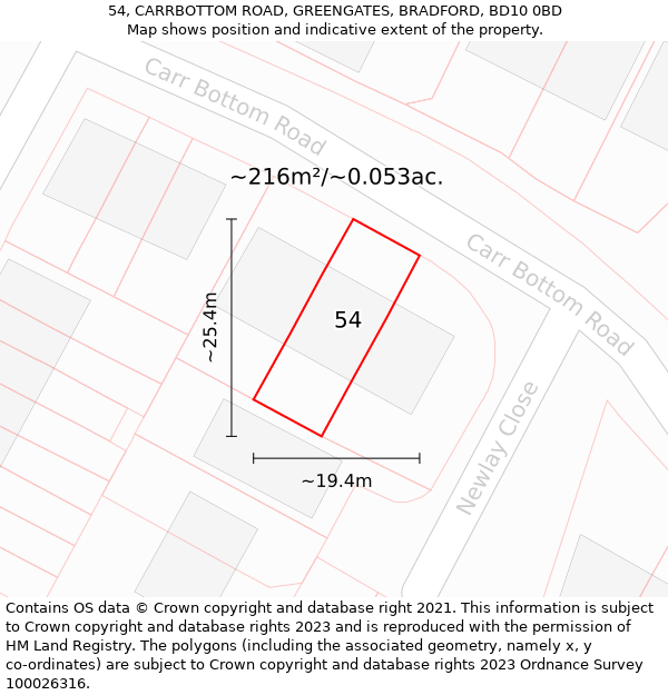 54, CARRBOTTOM ROAD, GREENGATES, BRADFORD, BD10 0BD: Plot and title map