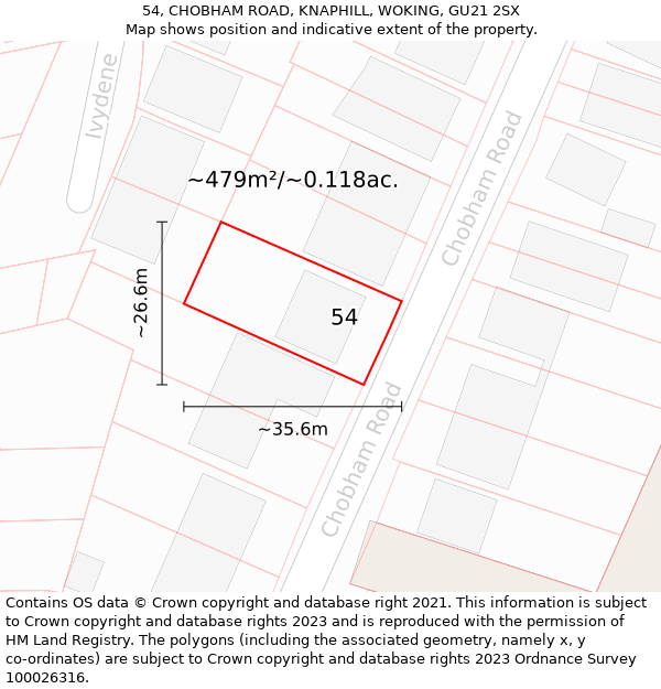 54, CHOBHAM ROAD, KNAPHILL, WOKING, GU21 2SX: Plot and title map