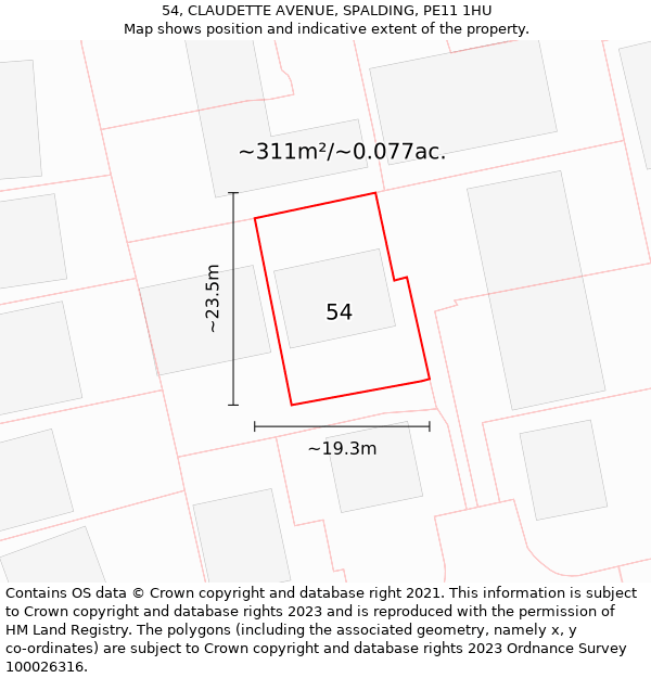 54, CLAUDETTE AVENUE, SPALDING, PE11 1HU: Plot and title map