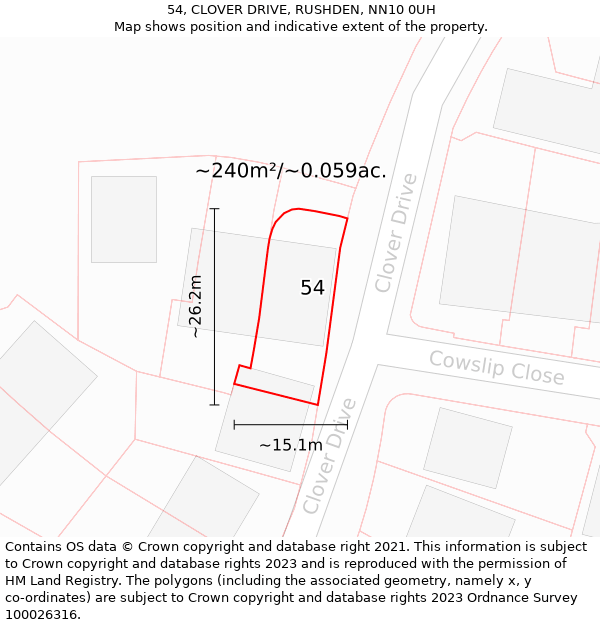 54, CLOVER DRIVE, RUSHDEN, NN10 0UH: Plot and title map