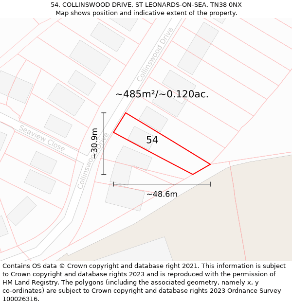 54, COLLINSWOOD DRIVE, ST LEONARDS-ON-SEA, TN38 0NX: Plot and title map