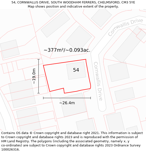 54, CORNWALLIS DRIVE, SOUTH WOODHAM FERRERS, CHELMSFORD, CM3 5YE: Plot and title map