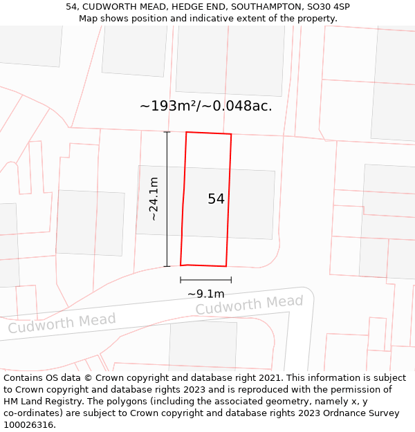 54, CUDWORTH MEAD, HEDGE END, SOUTHAMPTON, SO30 4SP: Plot and title map