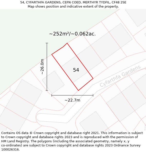 54, CYFARTHFA GARDENS, CEFN COED, MERTHYR TYDFIL, CF48 2SE: Plot and title map