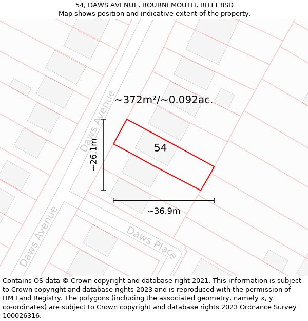 54, DAWS AVENUE, BOURNEMOUTH, BH11 8SD: Plot and title map