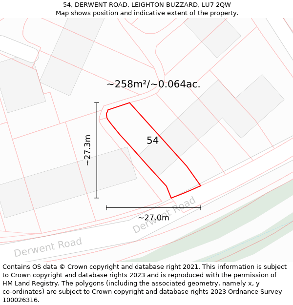 54, DERWENT ROAD, LEIGHTON BUZZARD, LU7 2QW: Plot and title map