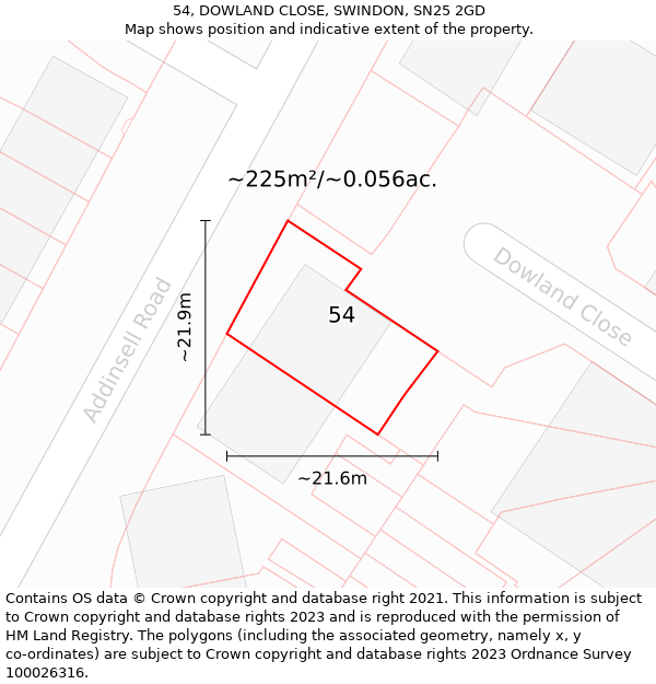 54, DOWLAND CLOSE, SWINDON, SN25 2GD: Plot and title map