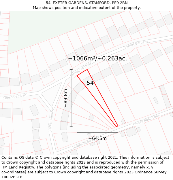 54, EXETER GARDENS, STAMFORD, PE9 2RN: Plot and title map