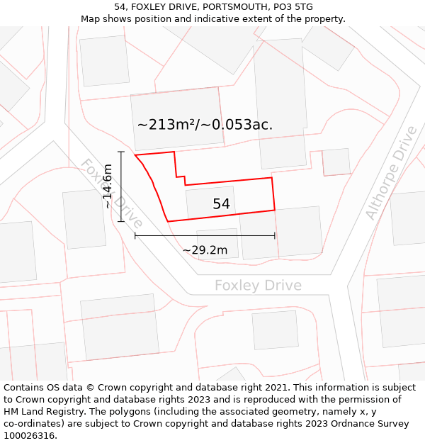 54, FOXLEY DRIVE, PORTSMOUTH, PO3 5TG: Plot and title map