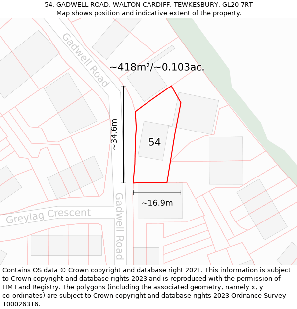 54, GADWELL ROAD, WALTON CARDIFF, TEWKESBURY, GL20 7RT: Plot and title map