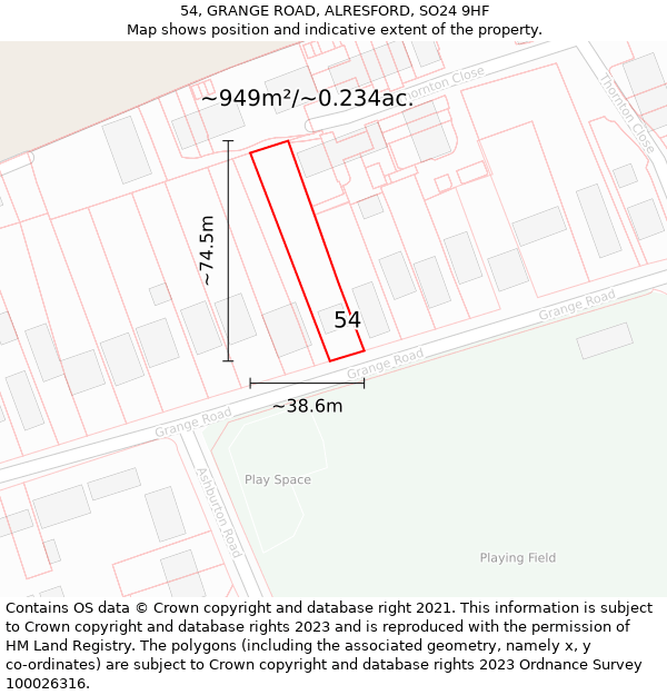 54, GRANGE ROAD, ALRESFORD, SO24 9HF: Plot and title map