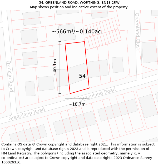54, GREENLAND ROAD, WORTHING, BN13 2RW: Plot and title map