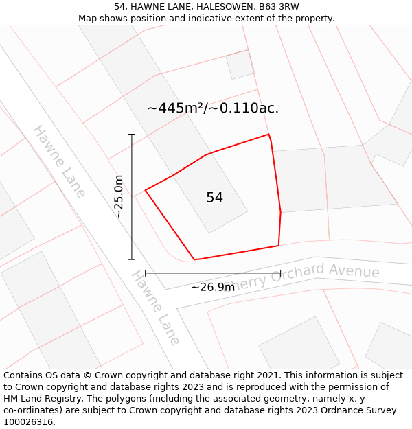 54, HAWNE LANE, HALESOWEN, B63 3RW: Plot and title map