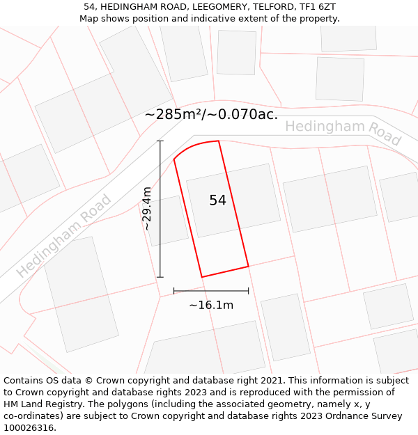 54, HEDINGHAM ROAD, LEEGOMERY, TELFORD, TF1 6ZT: Plot and title map