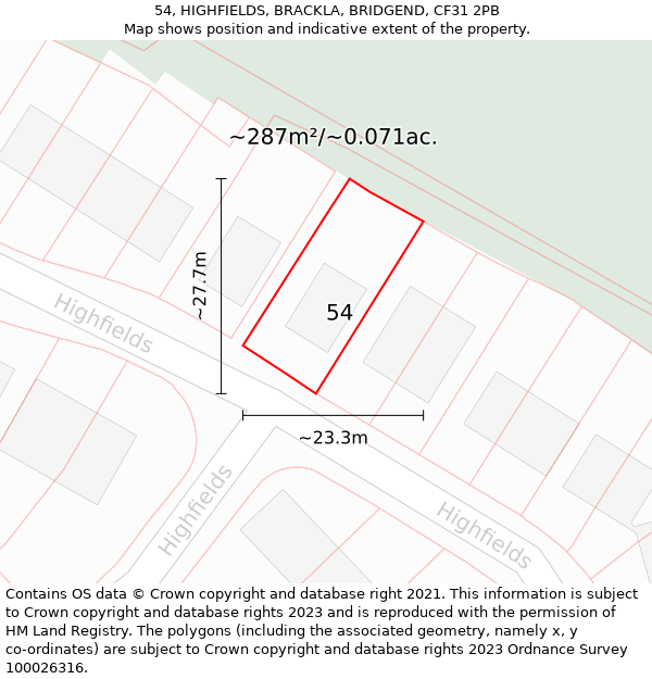 54, HIGHFIELDS, BRACKLA, BRIDGEND, CF31 2PB: Plot and title map