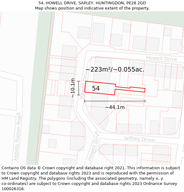 54, HOWELL DRIVE, SAPLEY, HUNTINGDON, PE28 2GD: Plot and title map