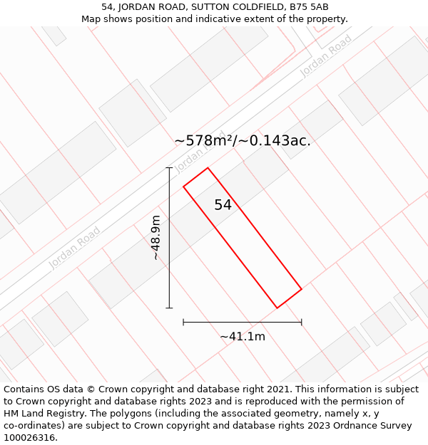 54, JORDAN ROAD, SUTTON COLDFIELD, B75 5AB: Plot and title map