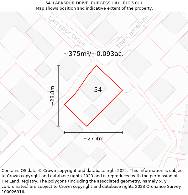 54, LARKSPUR DRIVE, BURGESS HILL, RH15 0UL: Plot and title map