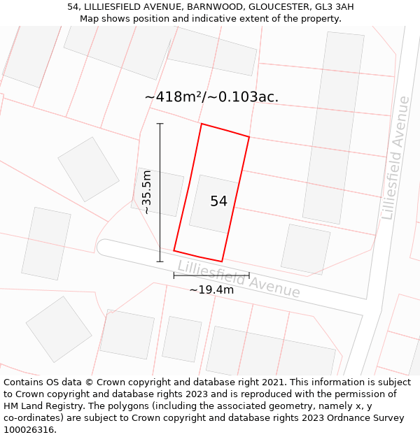 54, LILLIESFIELD AVENUE, BARNWOOD, GLOUCESTER, GL3 3AH: Plot and title map