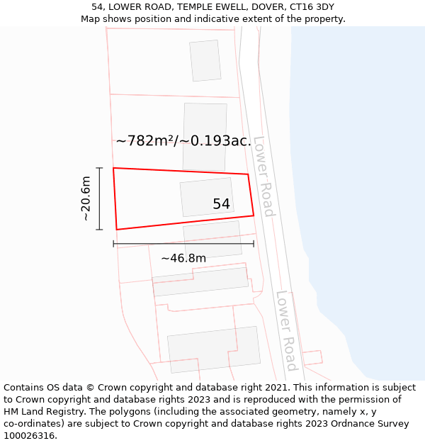 54, LOWER ROAD, TEMPLE EWELL, DOVER, CT16 3DY: Plot and title map