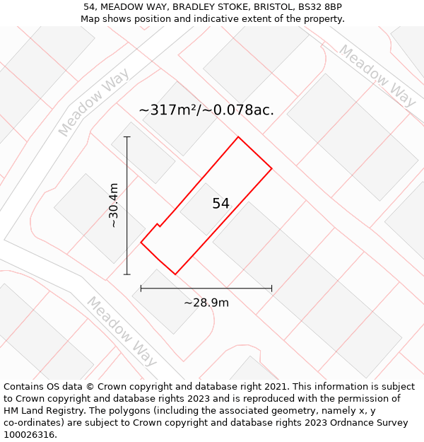 54, MEADOW WAY, BRADLEY STOKE, BRISTOL, BS32 8BP: Plot and title map