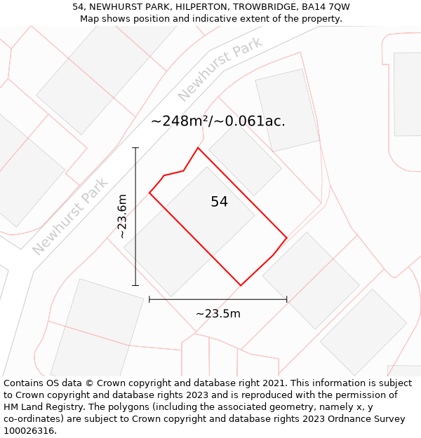 54, NEWHURST PARK, HILPERTON, TROWBRIDGE, BA14 7QW: Plot and title map