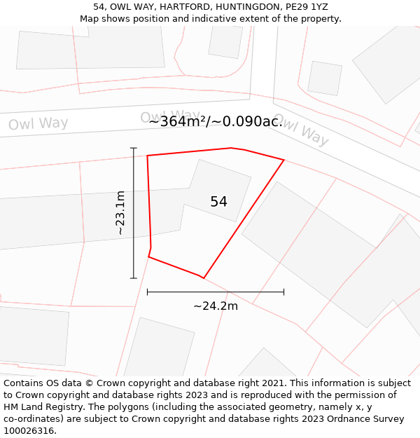 54, OWL WAY, HARTFORD, HUNTINGDON, PE29 1YZ: Plot and title map