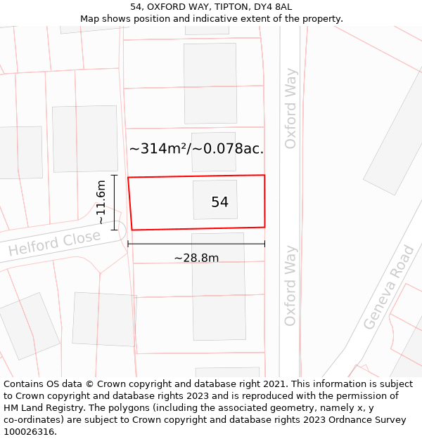 54, OXFORD WAY, TIPTON, DY4 8AL: Plot and title map