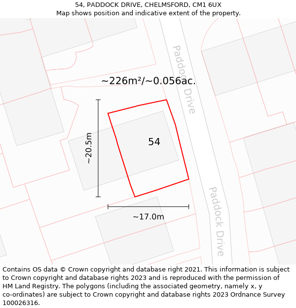 54, PADDOCK DRIVE, CHELMSFORD, CM1 6UX: Plot and title map