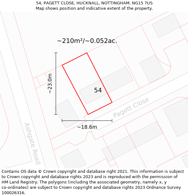 54, PAGETT CLOSE, HUCKNALL, NOTTINGHAM, NG15 7US: Plot and title map