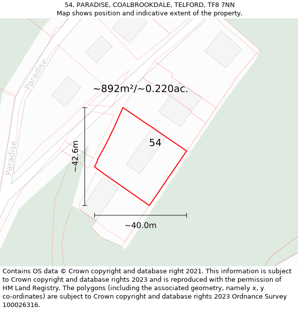 54, PARADISE, COALBROOKDALE, TELFORD, TF8 7NN: Plot and title map