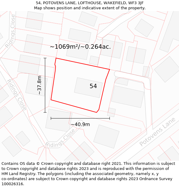 54, POTOVENS LANE, LOFTHOUSE, WAKEFIELD, WF3 3JF: Plot and title map