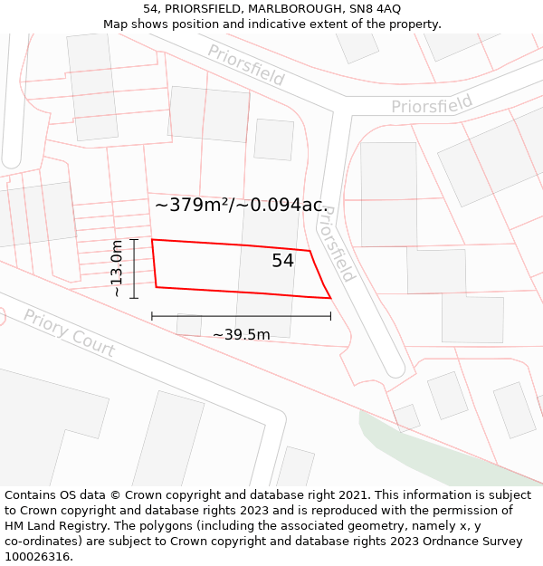 54, PRIORSFIELD, MARLBOROUGH, SN8 4AQ: Plot and title map