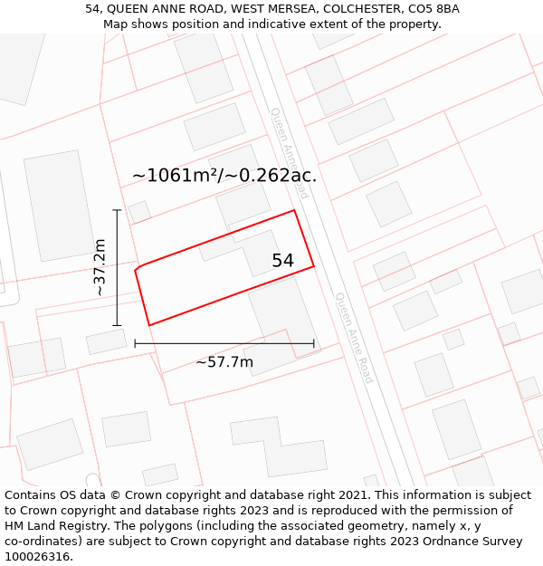 54, QUEEN ANNE ROAD, WEST MERSEA, COLCHESTER, CO5 8BA: Plot and title map