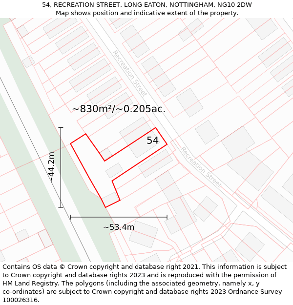 54, RECREATION STREET, LONG EATON, NOTTINGHAM, NG10 2DW: Plot and title map