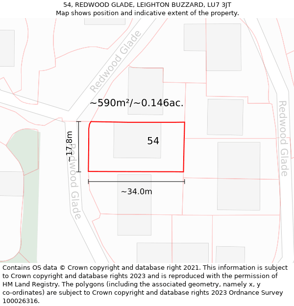 54, REDWOOD GLADE, LEIGHTON BUZZARD, LU7 3JT: Plot and title map