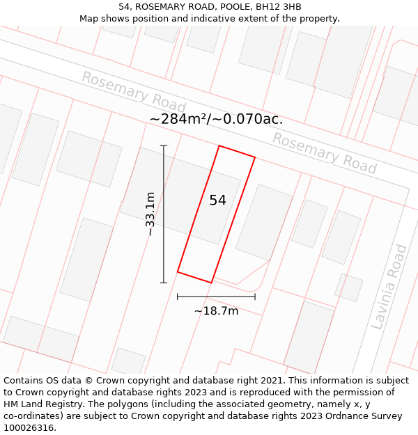 54, ROSEMARY ROAD, POOLE, BH12 3HB: Plot and title map