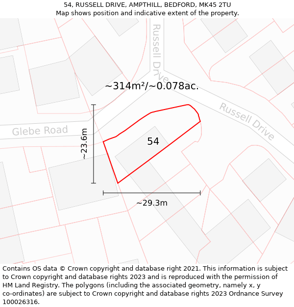 54, RUSSELL DRIVE, AMPTHILL, BEDFORD, MK45 2TU: Plot and title map