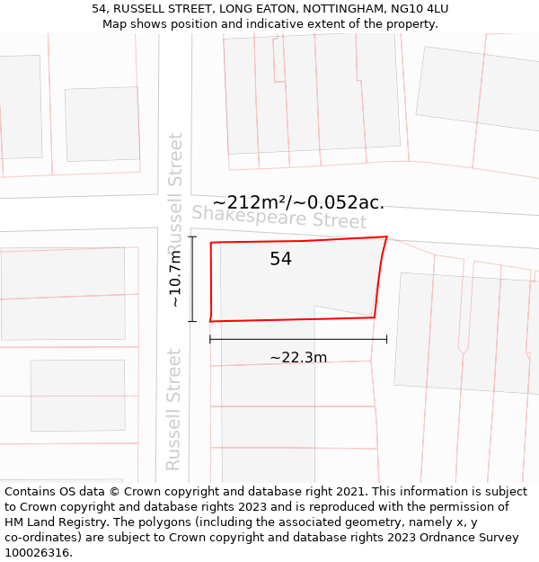 54, RUSSELL STREET, LONG EATON, NOTTINGHAM, NG10 4LU: Plot and title map