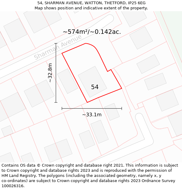 54, SHARMAN AVENUE, WATTON, THETFORD, IP25 6EG: Plot and title map