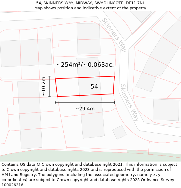 54, SKINNERS WAY, MIDWAY, SWADLINCOTE, DE11 7NL: Plot and title map