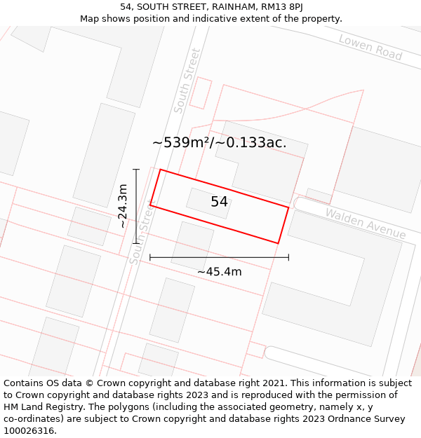 54, SOUTH STREET, RAINHAM, RM13 8PJ: Plot and title map