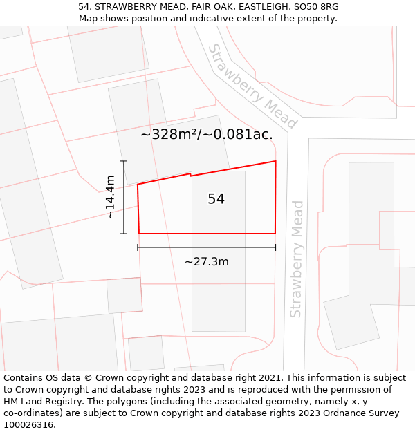 54, STRAWBERRY MEAD, FAIR OAK, EASTLEIGH, SO50 8RG: Plot and title map