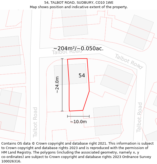 54, TALBOT ROAD, SUDBURY, CO10 1WE: Plot and title map