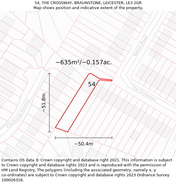 54, THE CROSSWAY, BRAUNSTONE, LEICESTER, LE3 2GR: Plot and title map