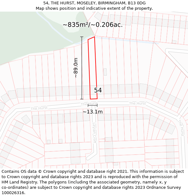 54, THE HURST, MOSELEY, BIRMINGHAM, B13 0DG: Plot and title map