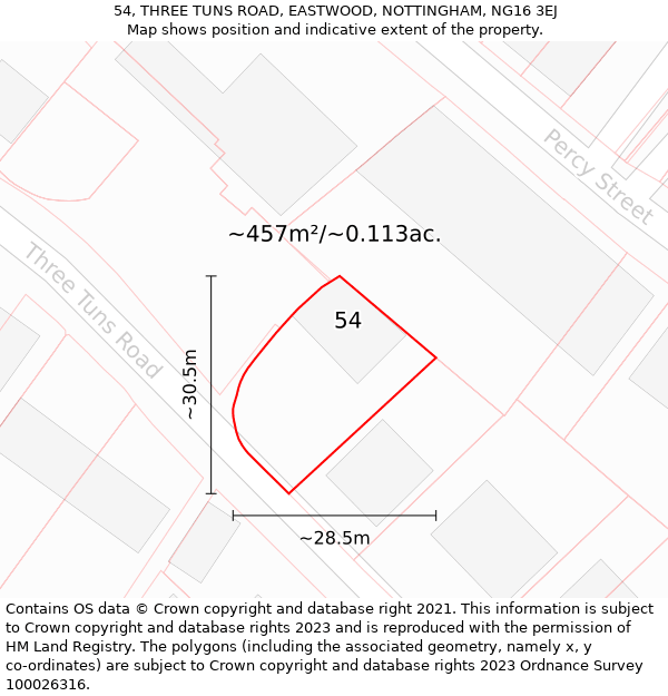 54, THREE TUNS ROAD, EASTWOOD, NOTTINGHAM, NG16 3EJ: Plot and title map