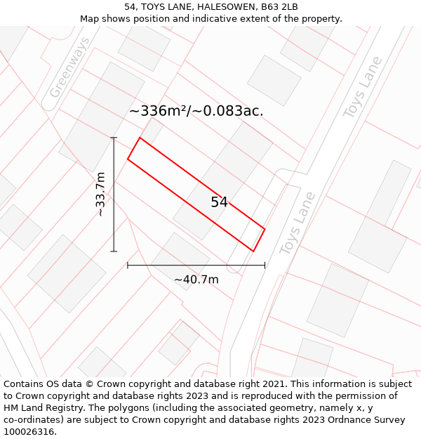 54, TOYS LANE, HALESOWEN, B63 2LB: Plot and title map