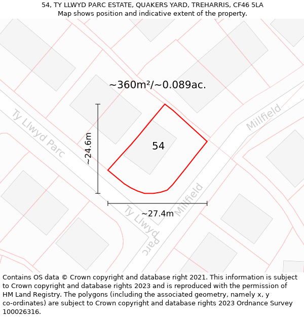 54, TY LLWYD PARC ESTATE, QUAKERS YARD, TREHARRIS, CF46 5LA: Plot and title map